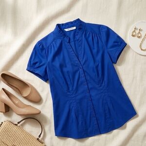 Ricki’s Size 16 Royal Blue Mandarin Collar Split Neck Short Sleeve Blouse Office